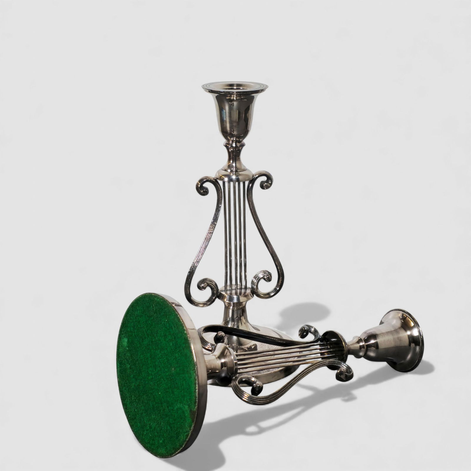 Lyre Form Silver on Brass Candlesticks - 6