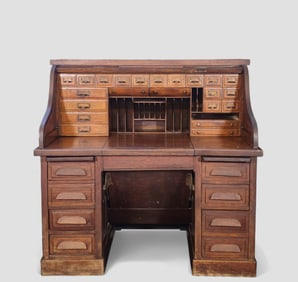 Oak Paneled Roll Top Edwardian Desk