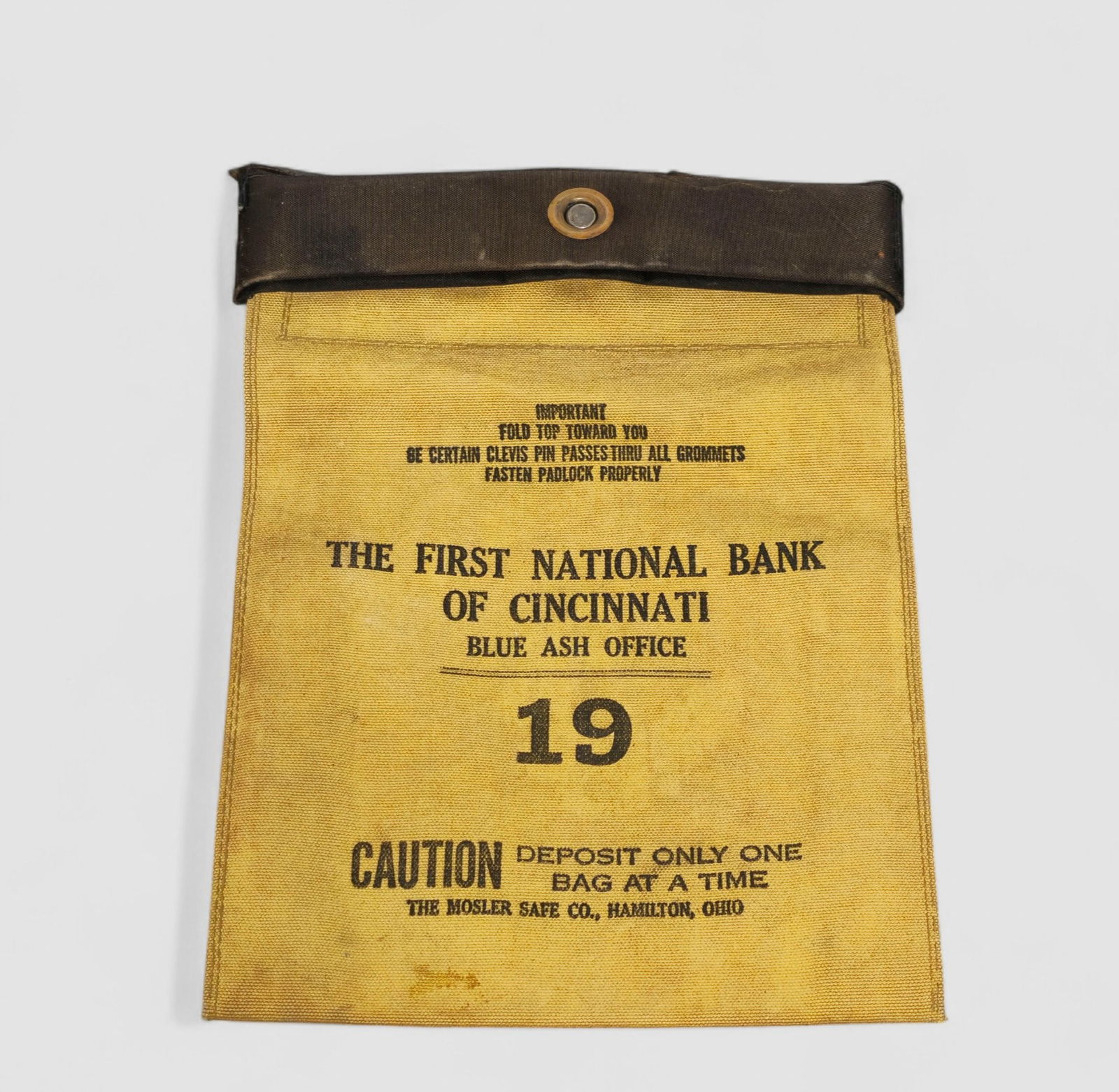 Vintage First National Bank Canvas Bank Deposit Bag: Vintage First National Bank Canvas Bank Deposit Bag. Manufacturer: The Moseler Safe Co. Hamilton, OH. Original closure with lock hole. 7 1/2w x 10h.
