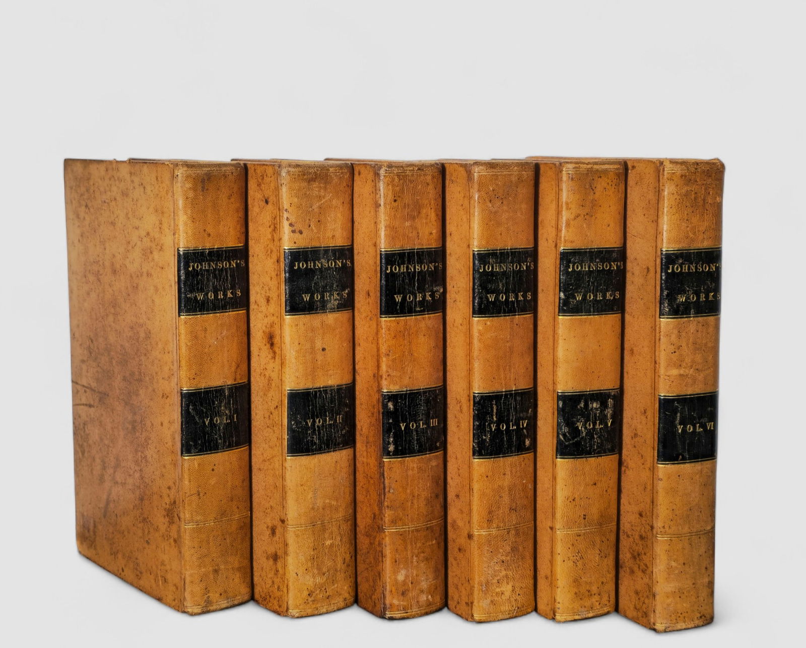 6 leather volumes of The Work of Samuel Johnson: 6 leather volumes of The Work of Samuel Johnson, by Samuel Johnson. Alexr Chalmers. London. January 1806. 1 3/4w x 5 5/8d x 8 3/4h. Collins & Hannay, Collins & Co., W.B Gilley, Wilders & Campbell,