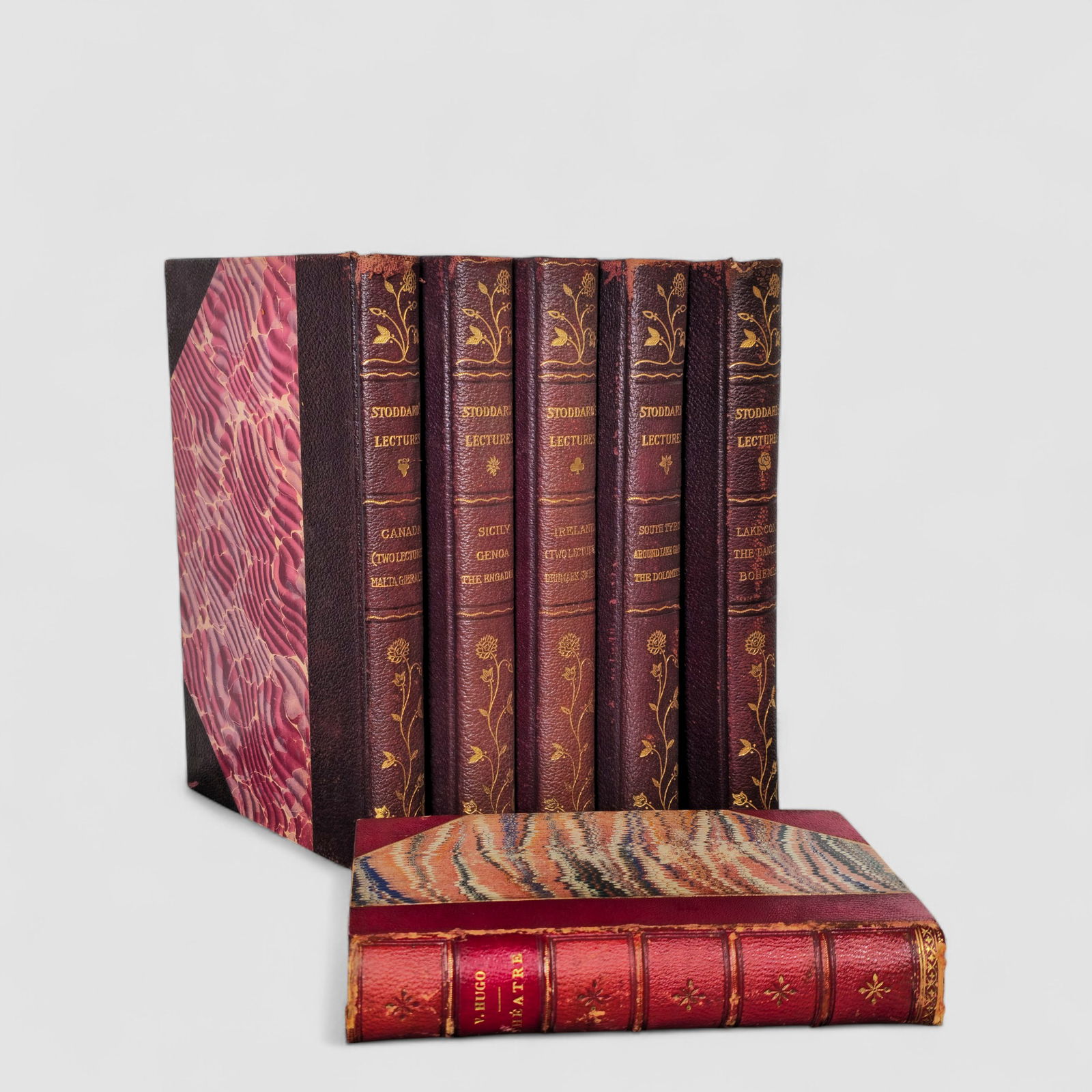 5 leather volumes of John L. Stoddard's Lectures & V. Hugo Theatre Book: 5 leather volumes of John L. Stoddard's Lectures & V. Hugo Theatre Book. Marbleized fronts and backs. Chicago & Boston. George L. Shuman & Co. 1911. V. Hugo. Paris Librarie Hachette Et Cie Boulevard