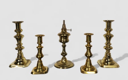 19th Century Brass Candlesticks and Whale Oil Lamp