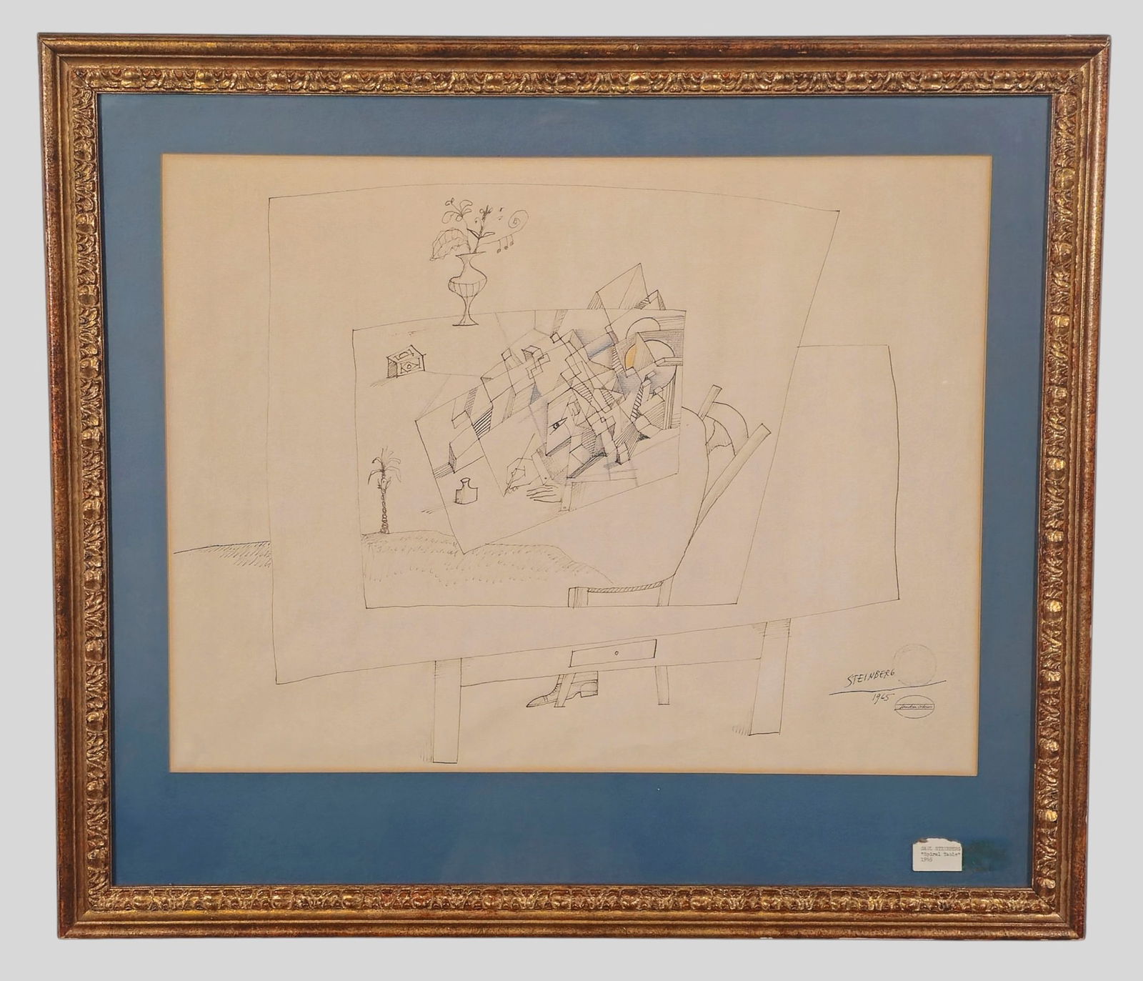 Saul Steinberg Colored Pencil and Ink on Paper: Saul Steinberg (1914-1999, New York) Watercolor and ink on paper, "Spiral Table." Signed and dated 1965 lower right. Printed label to front of glass. Authenticity stamp to right of signature. Sight -