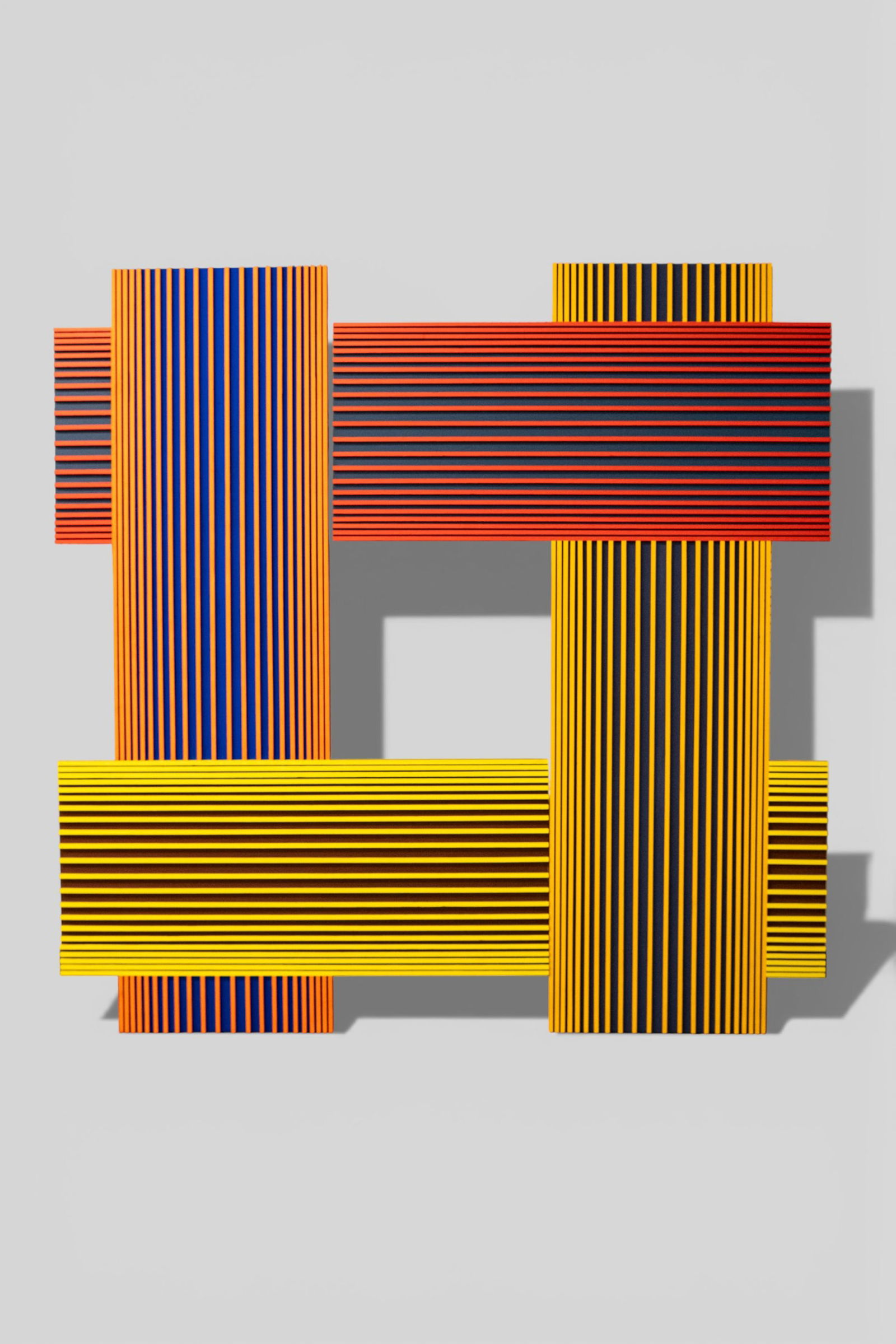 Richard Anuszkiewicz "Traslumina I" Cast Polyurethane on Wood: Richard Anuszkiewicz (1930-2020, NJ) Cast polyurethane on wood with multiple colors (acrylic), " Translumina I." Dated 1986. Painting comes in 2 panels. Overall - 85w x 1 1/4d x 85h. Each panel - 85h