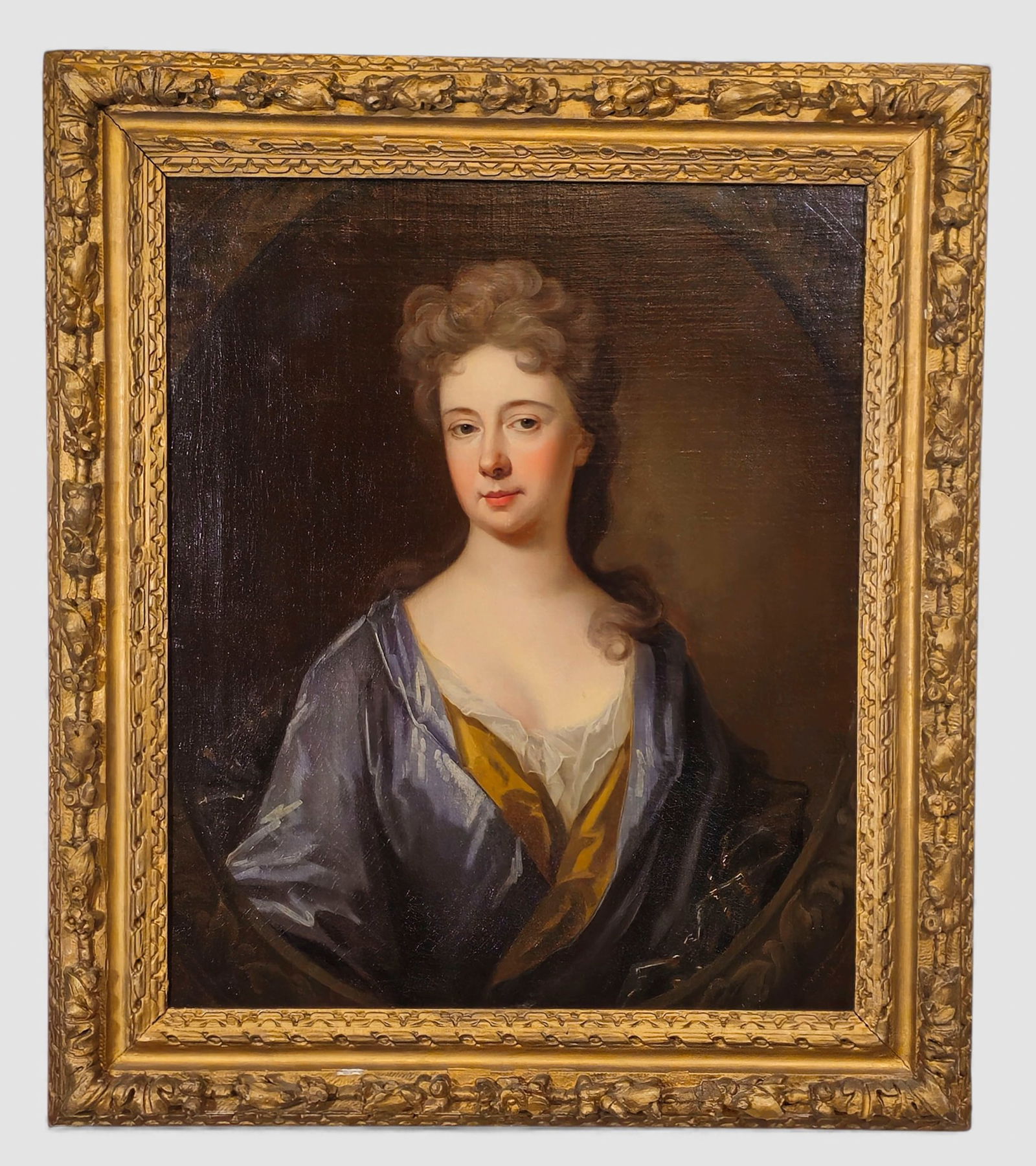 18th Century Portrait of Mrs. Vernon: Oil on canvas, "Mrs. Vernon, Wife of Mr. Secretary Vernon and Daughter of Sr. Charles Buck." Circa 1790-1800. Dashwood heirloom label to verso. Housed in 1920s carved giltwood frame. Sight - 29 1/2 x