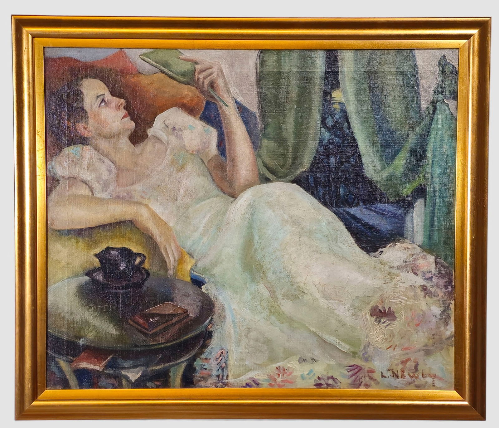 L. Newby Oil: Oil on Canvas Reclining Lady, L Newby. Signed lower right. Housed in gold frame. Sight - 24 1/2 x 29 1/2. Frame 34 1/2 x 29 1/2