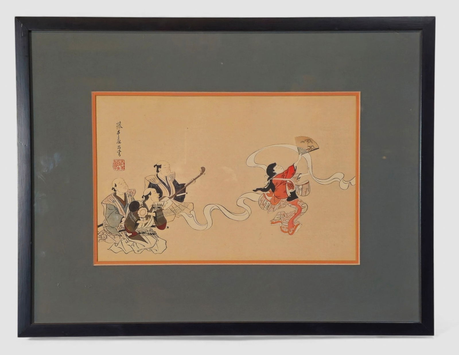 After Hanabusa Itcha Japanese Wood- Block Print: After Hanabusa Itcha Japanese Wood- Block Print, The Dance Nucozarashi Woodblock print on rice paper. Circa 1910 - 1920. Hanabusa Itcho (1652 - 1724). Signed upper left. Image size 7 1/4 x 11 1/2.