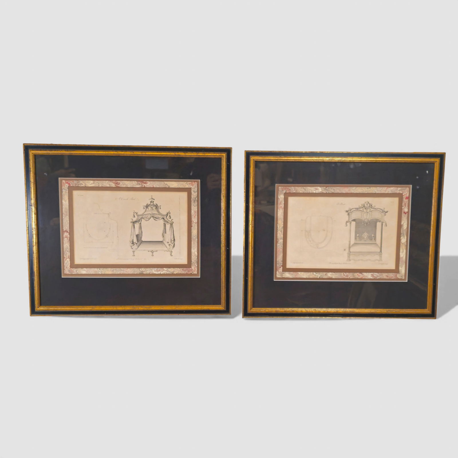 Thomas Chippendale Engravings: 18th Century Thomas Chippendale Engravings. Set of 2. Dated 1759. From Thomas Chippendales' gentleman's cabinet - Maker's Director. Professionally framed and matted. Image size - 10 x 14 1/4. Frame -