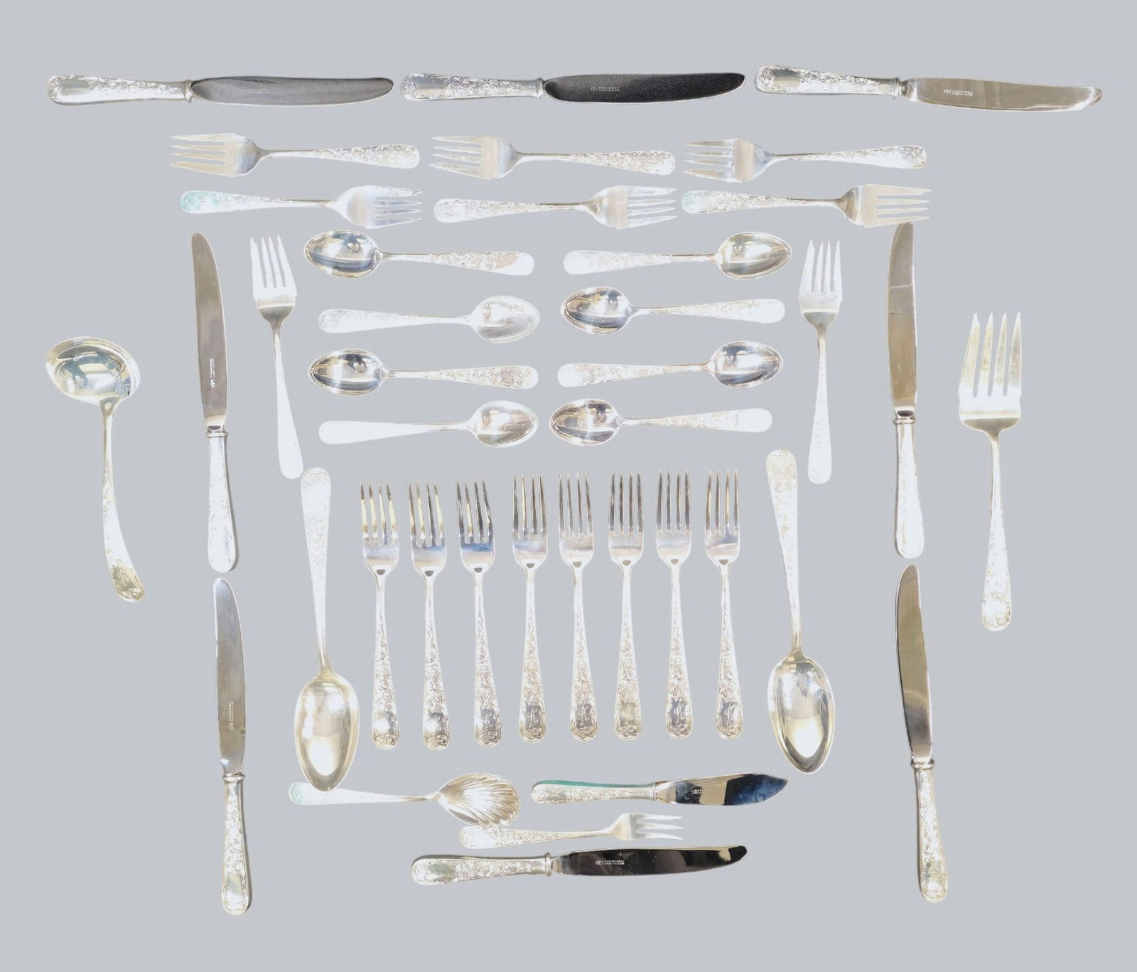 S. Kirk & Son Sterling Silver Old Maryland Pattern Flatware Set: S. Kirk & Son Sterling Silver Old Maryland Pattern Flatware Set. 39 total pieces. 8 dinner forks (7 1/4 long), 8 salad/dessert forks (6 1/16 long), 8 dinner knives (8 7/8 long), 8 tea spoons, master b