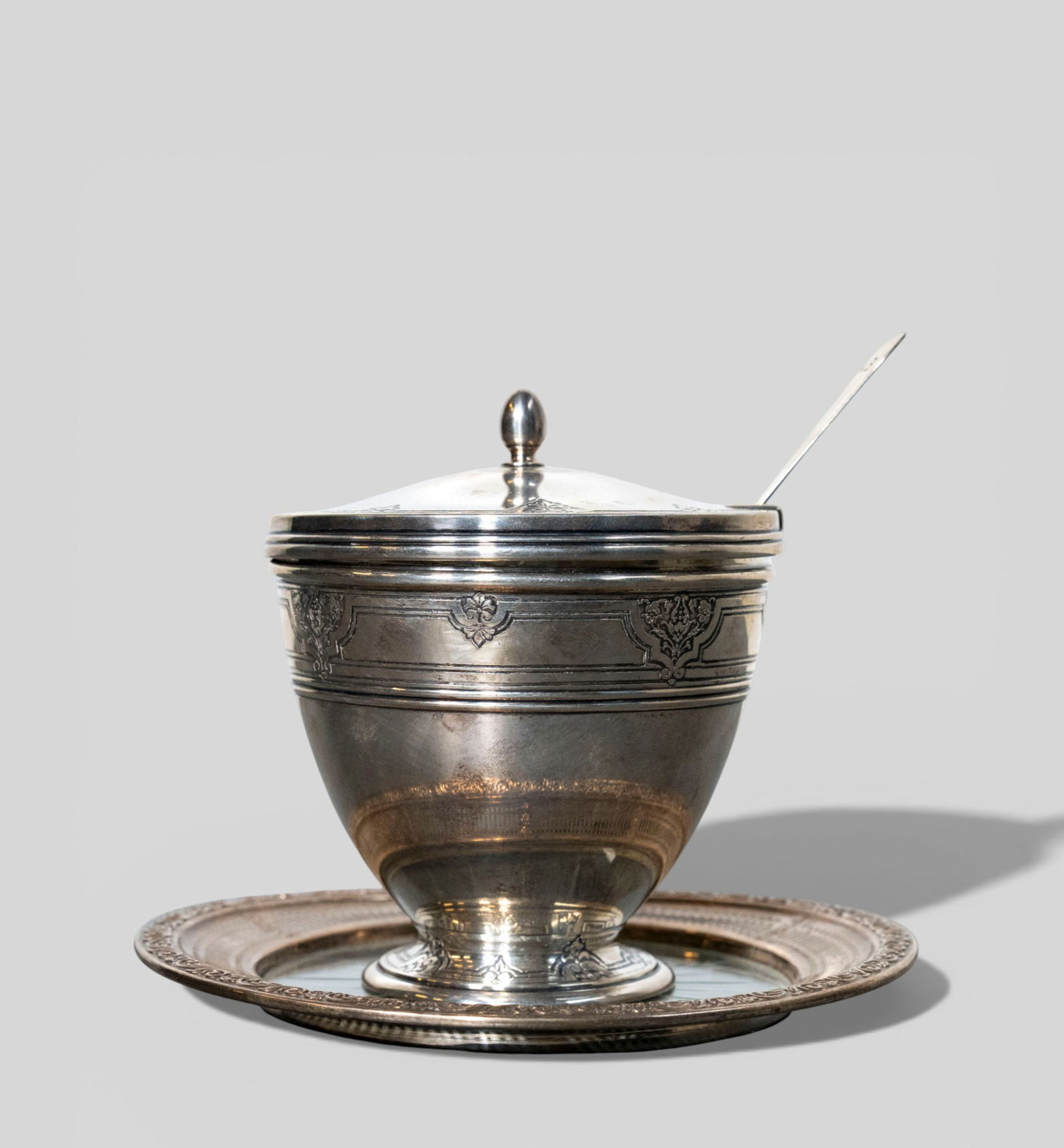 Tiffany & Co. Starling Silver Lidded Sugar Jar: Tiffany & Co. Sterling Silver Lidded Sugar Jar. Glass liner. Odd sterling and cut glass under dish. Tiffany & Co. # 184237 Makers 11740. Sterling Silver. 925-1000 M. Small Sterling Sugar Spoon