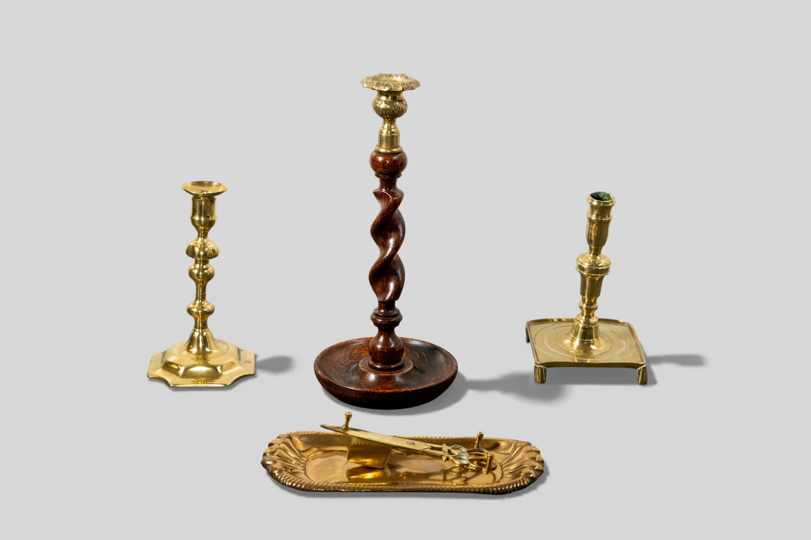 Assembled 18th and 19th Century Candlesticks Plus: Assembled 18th and 19th Century Candlesticks Plus. 5 pieces total: English bulbous form candlestick, circa 1720. Square base with cut corners. 4w x 4d x 7 1/2h; French turned form, circa 1720. Square