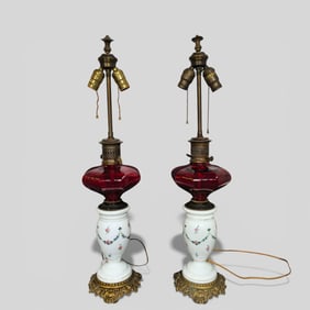 19th Century Cranberry & Milk Glass Parlor Lamps