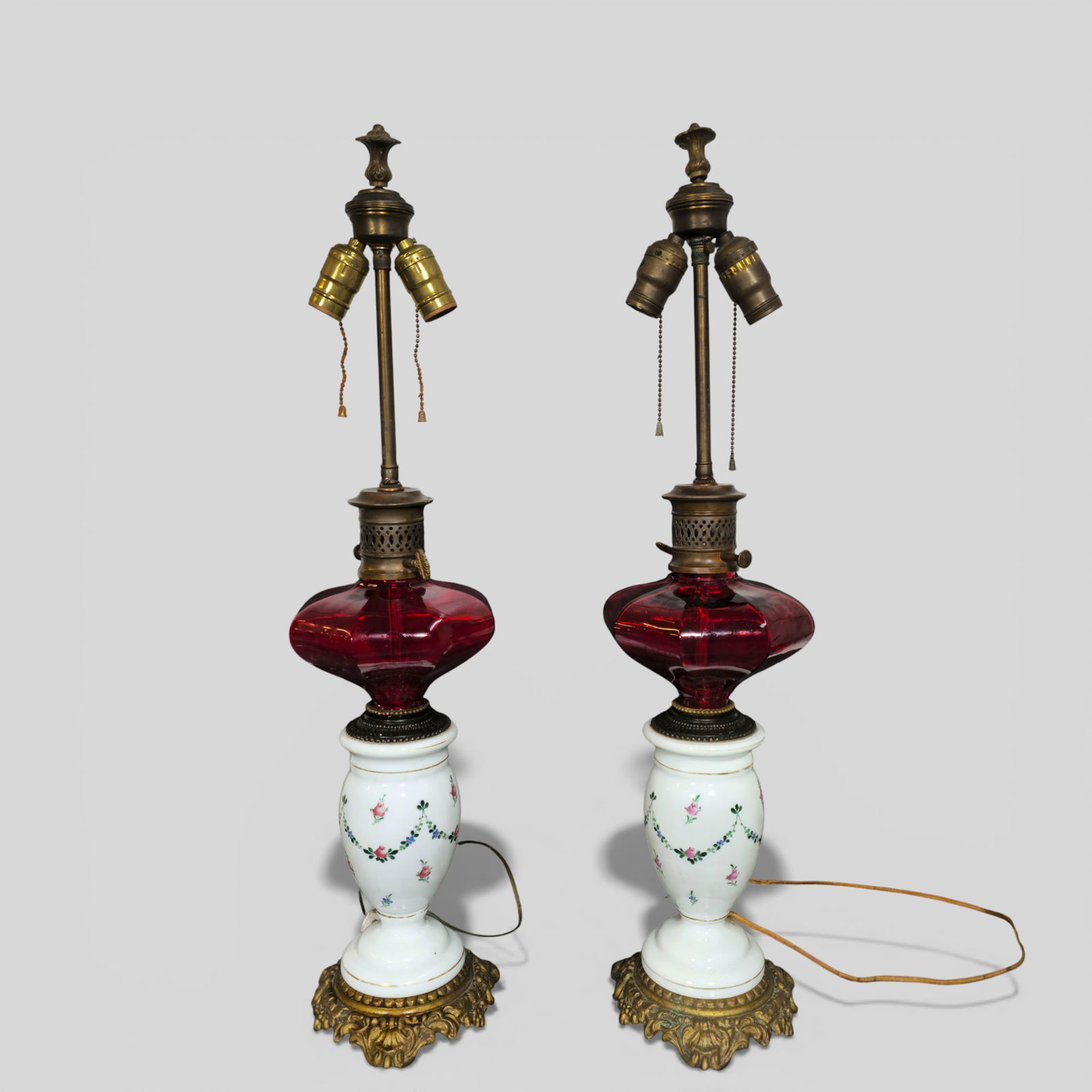 19th Century Cranberry & Milk Glass Parlor Lamps (1 of 9)