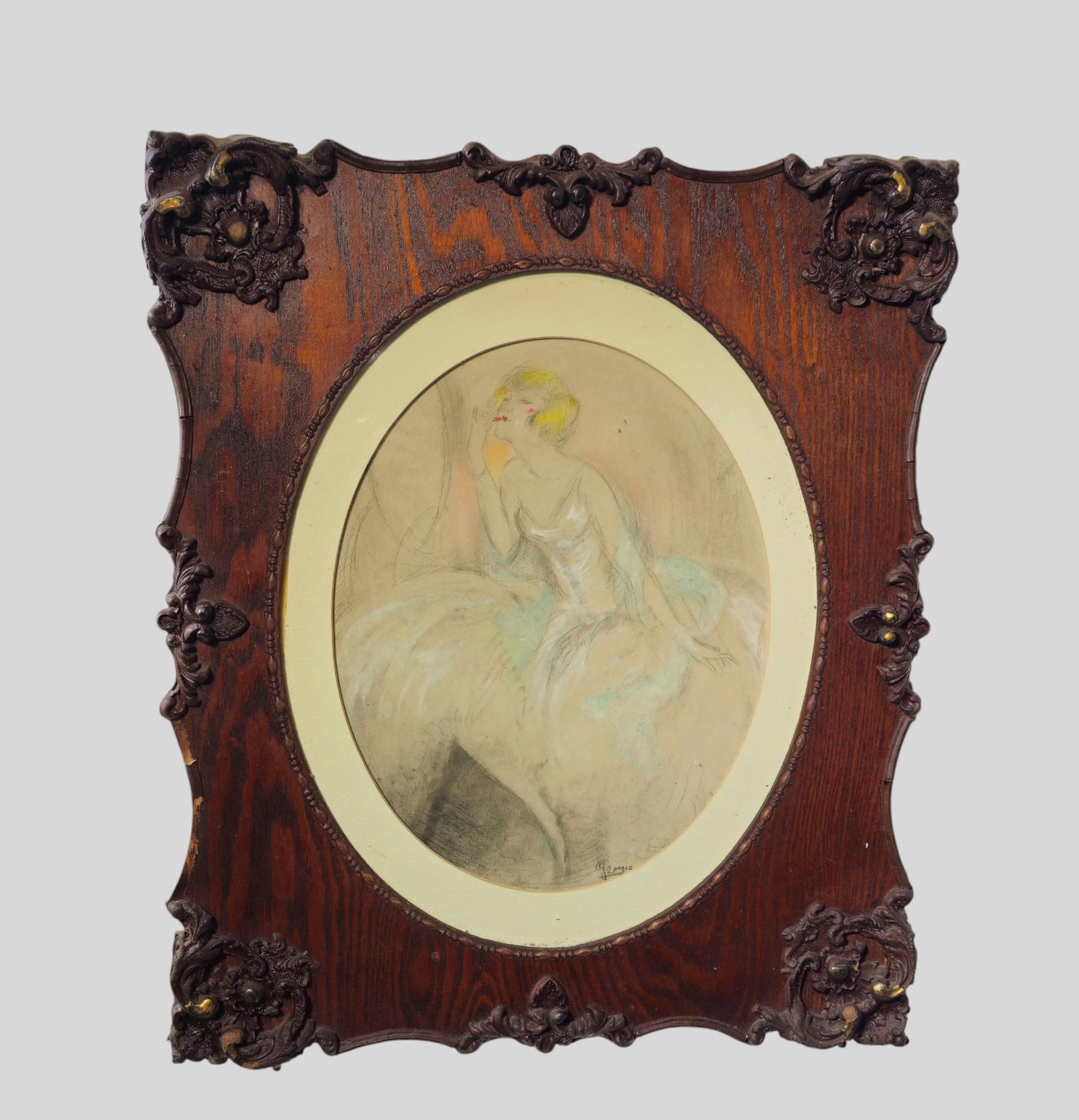Pastel of Art Deco Lady: Pastel on paper, untitled, Art Deco Lady, illegible. Housed in carved 1920s. Tiger oak frame. Sight - 15 x 12 3/8. Frame - 25 1/2 x 21 1/2.