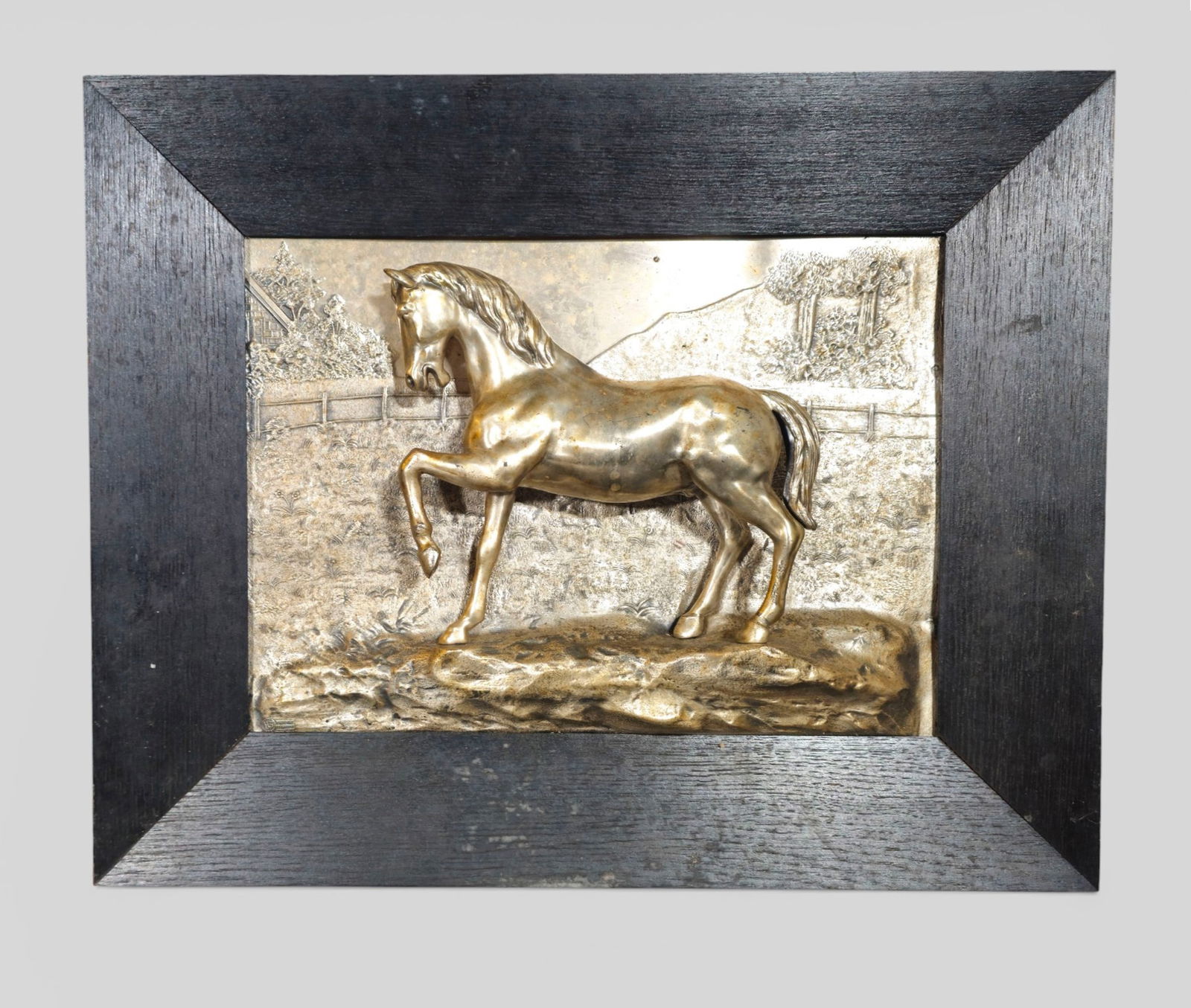 High Relief Silverleaf Over Metal Horse Plaque: High Relief Silverleaf Over Metal Horse Plaque. 2nd quarter of the 20th century. Wooded pasture background with post and rail fence. Stamped signature lower left corner.