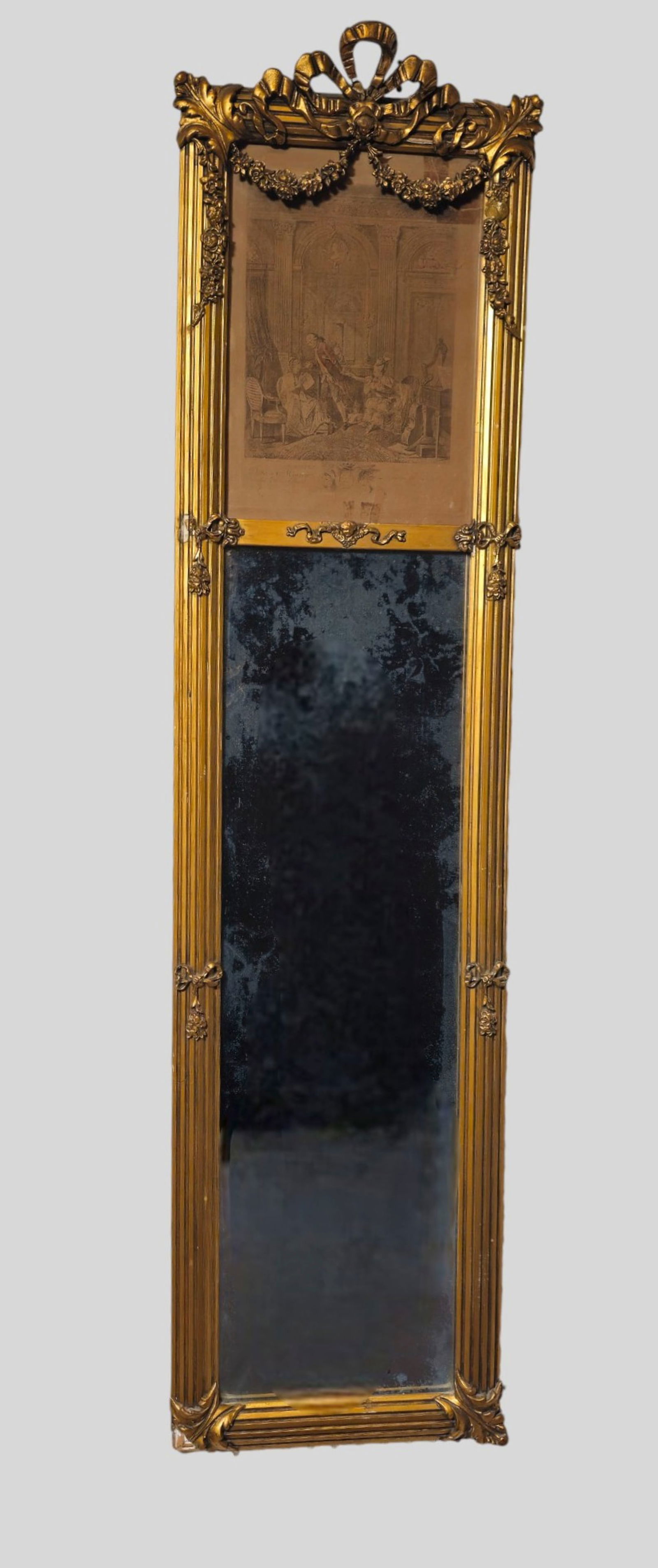 Carved Gesso Hall Mirror Embedded Engraving: Carved Gesso Hall Mirror Embedded Engraving. Circa 1930s. High relief center pediment and draping floral garland. High relief acanthus leaf corners, fluted columns and base. French parlor engraving