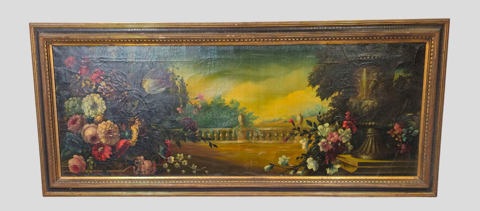 Oil of Courtyard, Inspired by Italian School: Oil of Courtyard, Inspired by Italian School. Circa 1920s. Fine detail of flowers and flowering urn. Housed in 1940s. Gesso frame. Sight - 18 x 49 1/8. Frame - 24 x 54 1/2.