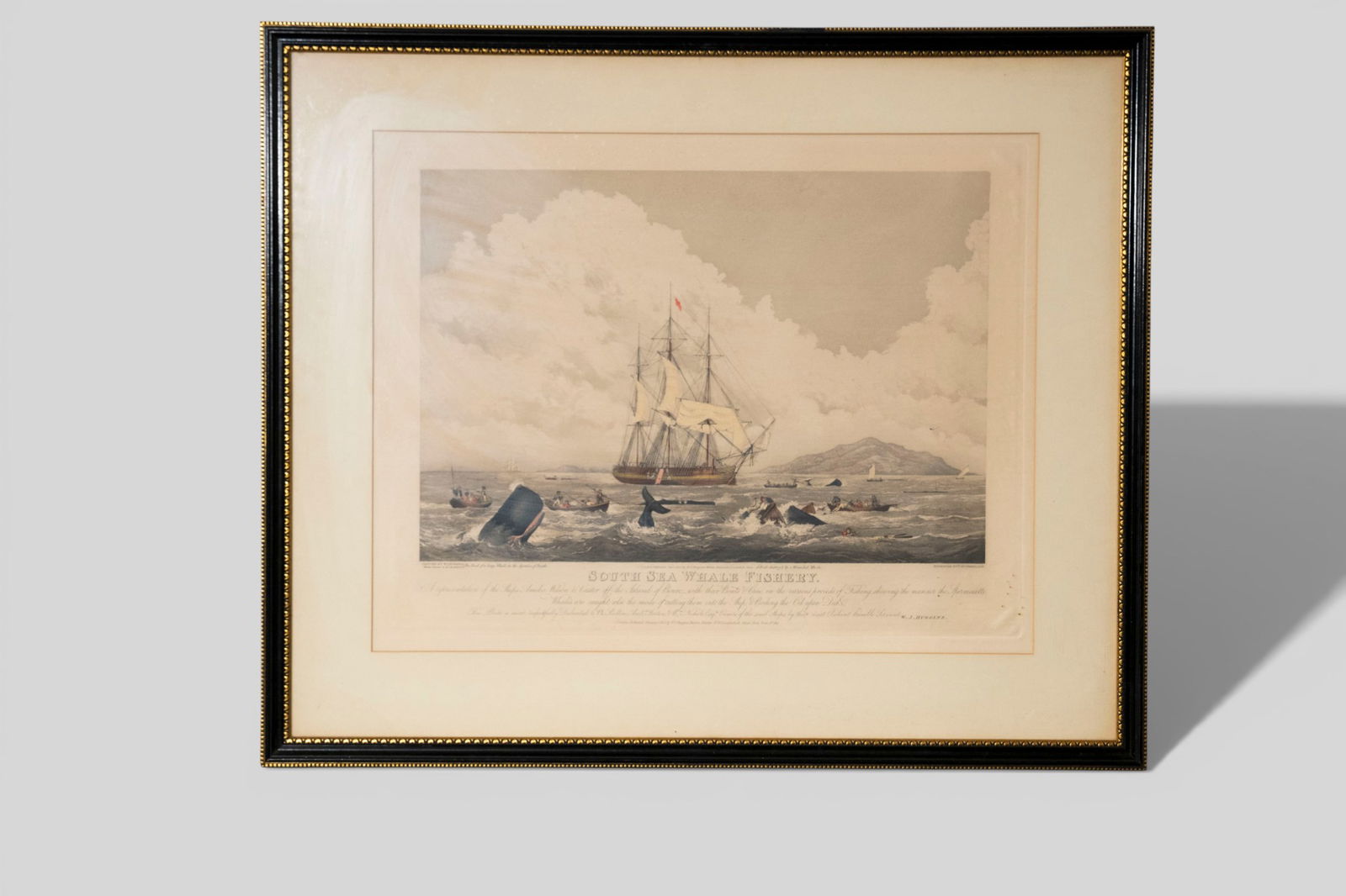 William John Huggins Hand Coloured Engraving: William John Huggins. South Sea Whale Fishery Hand Coloured Engraving. Published in 1825 and engraved Thomas Sutherland. Professionally frame and matted. Image size - 18 x 23. Frame - 25 1/2 x 30 3/4.
