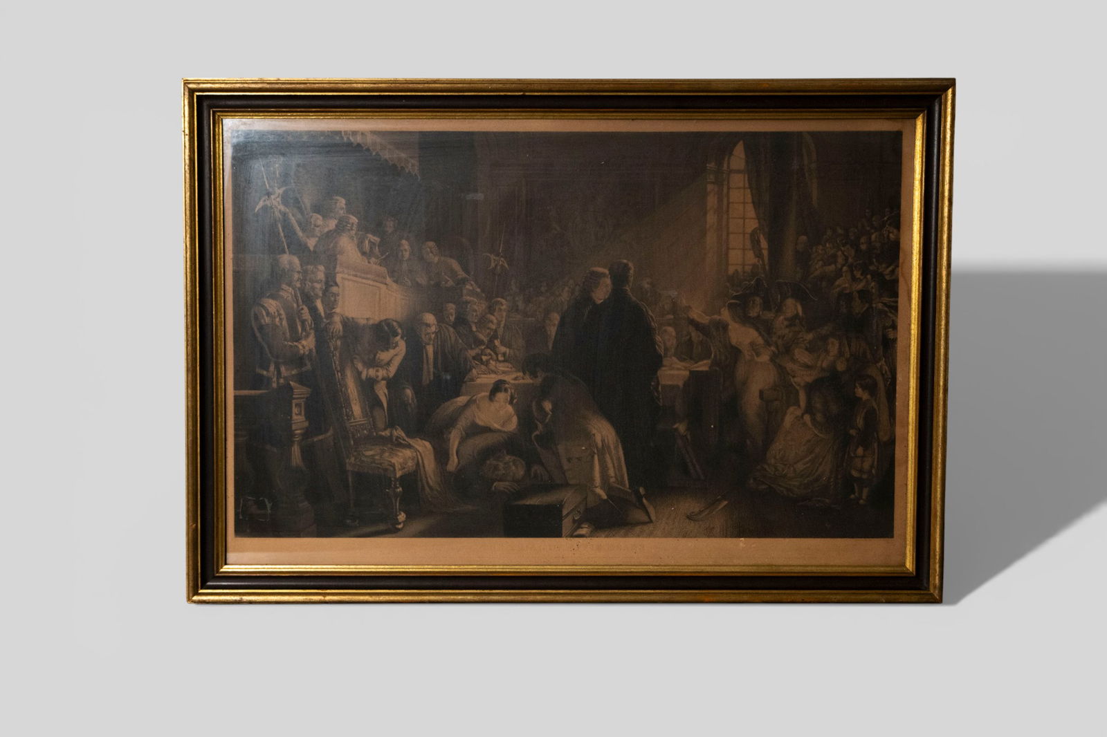 The Trial of Effie Dean 19th Century Engraving: The Trial of Effie Dean 19th Century Engraving. Published by Frederick Bromley after Robert Scott Lauder. Housed in gilt and wood frame. Image size-22 1/4w x 36 1/2. Frame- 28 1/2 x 41 1/2.