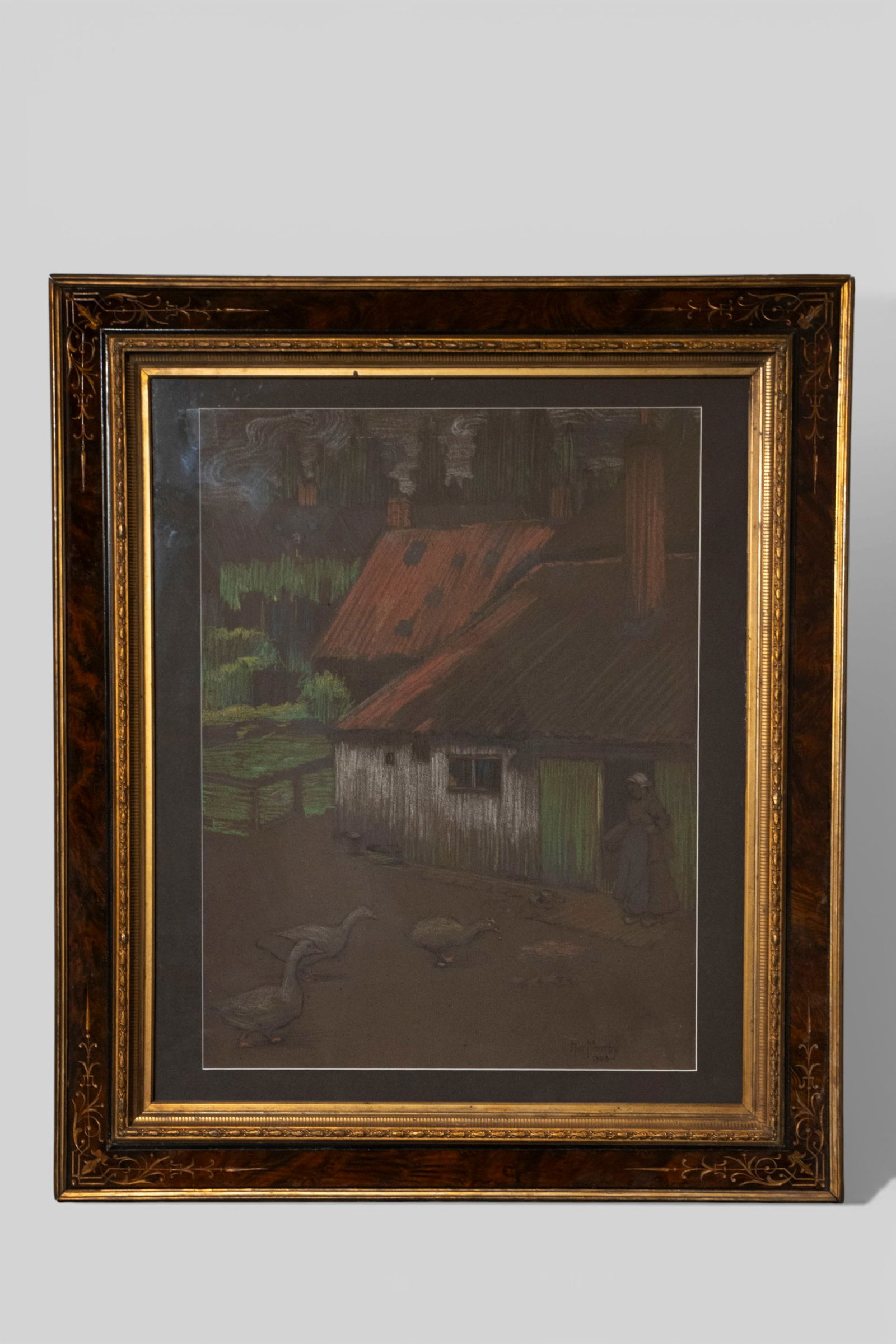 Alice Murphy Pastel Painting: Alice Harold Murphy (1896-1966, New York). Pastel on paper, untitled. Lady feeding ducks on farm, signed and dated 1903 lower right. Professionally framed and matted in burl and gilt wood frame.