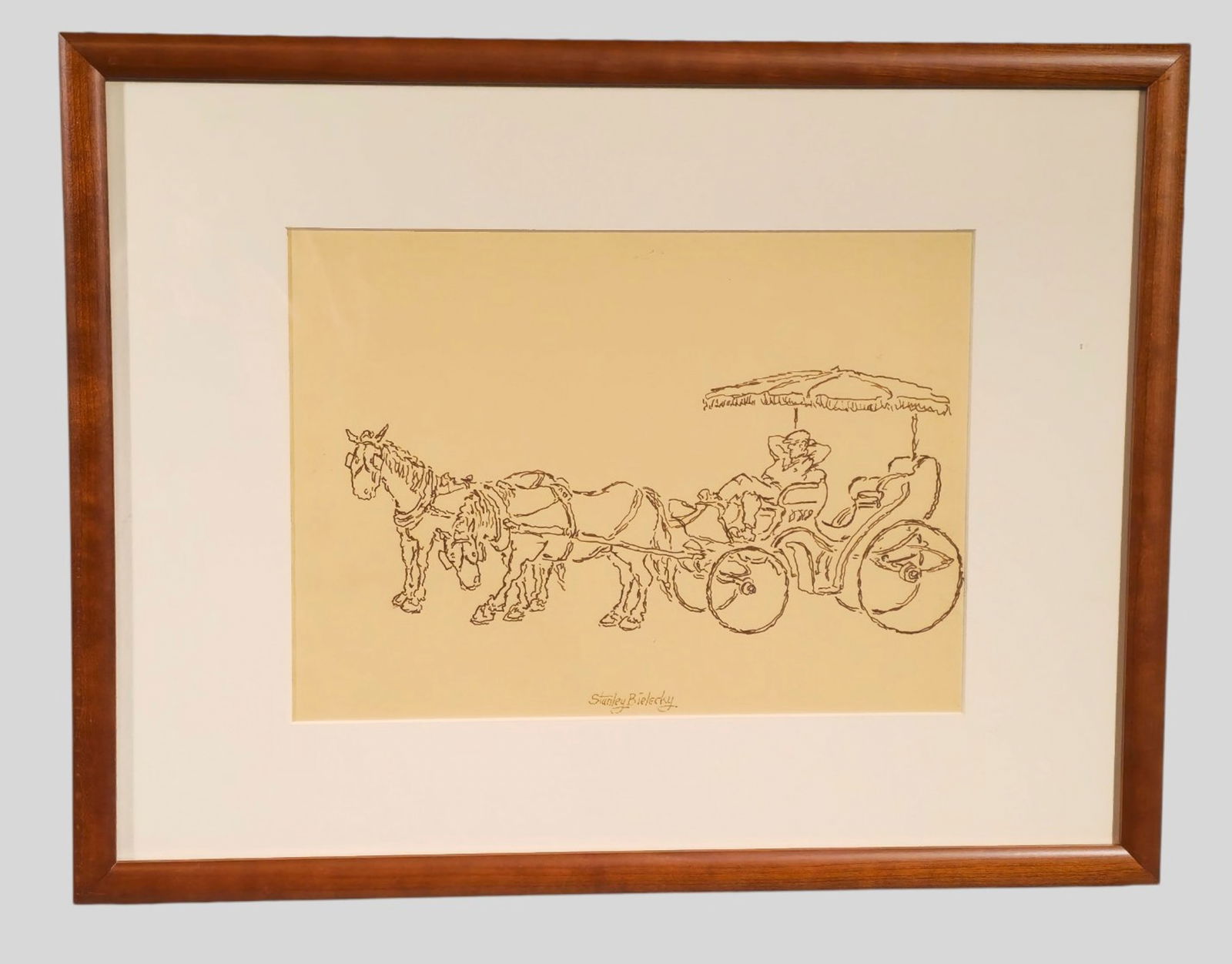 Stanley Bielecky Marker Drawing: Stanley Bielecky (1903-1985, In, MI) Marker drawing on paper, untitled. Horse and buggy. Signed lower margin. Professionally frame and matted. Sight - 8 1/4 x 11 1/2. Frame - 14 5/8 x 18 3/4.