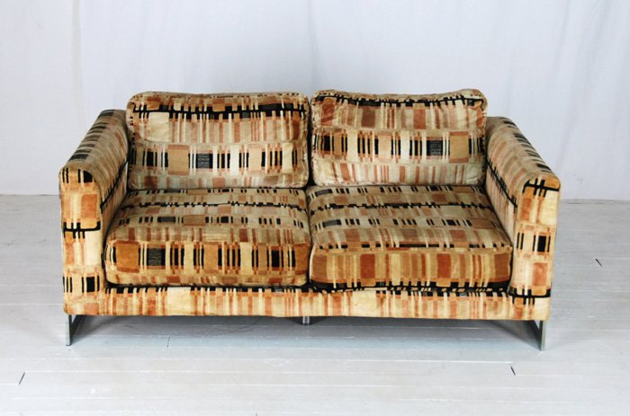 Milo Baughman, Attribution: Upholstered love seat. Chrome plated rectangular frame (extra center leg for support), Jack Lenor Larson style fabric. 60L x 33D x 23H