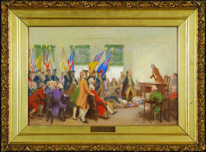 John Ward Dunsmore: Oil on board titled, "Captured Flags of Yorktown Presented to George Washington." Initialed LL. 12 x 18