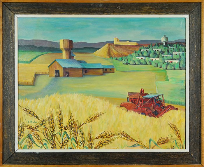Joel Rohr: Oil on canvas titled, "Harvest in Kibbutz.” Farm scene with tractor, village in distance. Signed LL and signed and titled on verso. 25.5 x 32