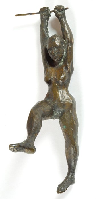 Victor Salmones: Bronze trapeze sculpture. Unsigned. 3.75W x 6.25D x 11.75H