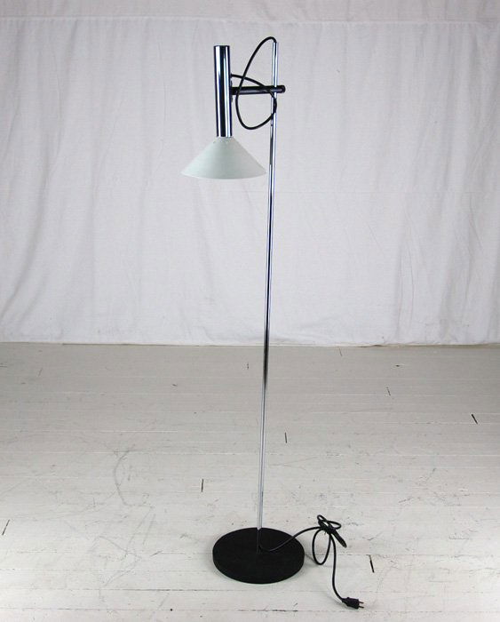 Robert Sonneman: Adjustable floor lamp, Lightolier USA, c.1970. Chrome plated steel, enameled steel and aluminum. Manufacturer's label to shade. 8W x 14D x 57.75H