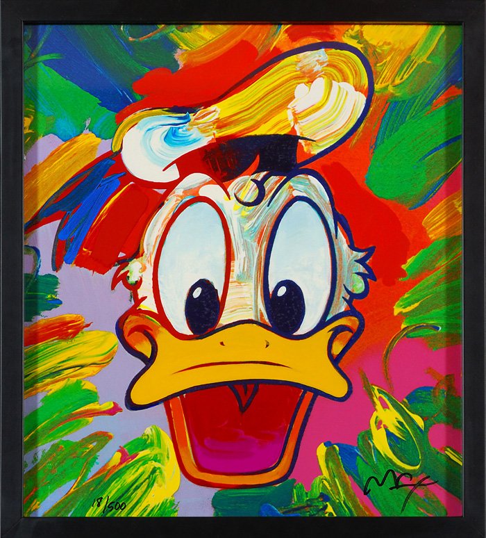 Peter Max: Disney Donald Duck serigraph. Signed LR and numbered # 18/500. Stamped Peter Max, 1994 and stamped Soma. 16 x 14