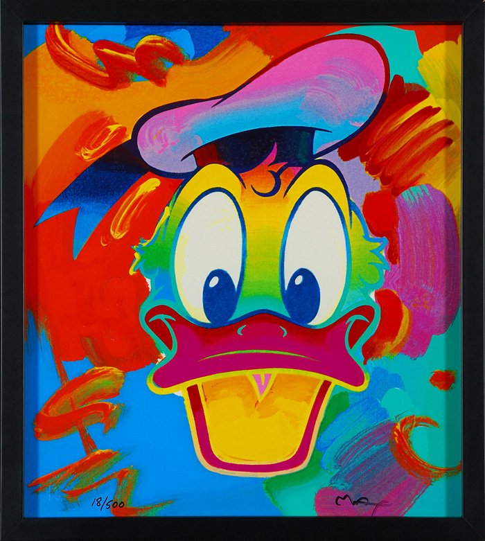 Peter Max: Disney Donald Duck serigraph. Signed LR and numbered # 18/500. Stamped Peter Max, 1994 and stamped Soma. 16 x 14