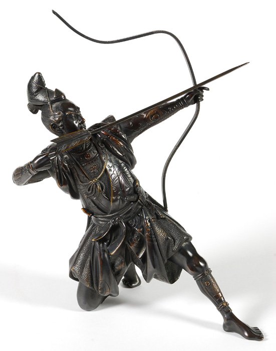 Bronze of Samurai Archer: Beautiful detailed Samurai figure with armor and robes, original dark brown patina. Meiji period. 14H