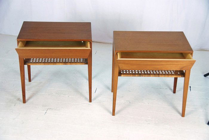 Severin Hansen: Pair nightstands. Hasler, Denmark, c. 1965. Teak, Rosewood, cane. Each night stand features a single drawer. Danish control to each. 19.5W x 13.75D x 19.5H