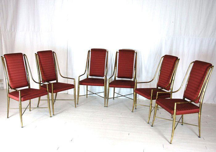 Mastercraft: Outstanding set of six brass and upholstered bamboo dining chairs. An ornate and elaborate design. 43H x 21.5W x 19.5D