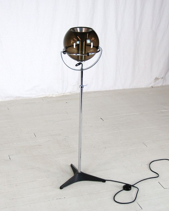 Raak: Adjustable Floor Lamp. Chrome plated steel with smoke glass globe. Aluminum shade. 51H