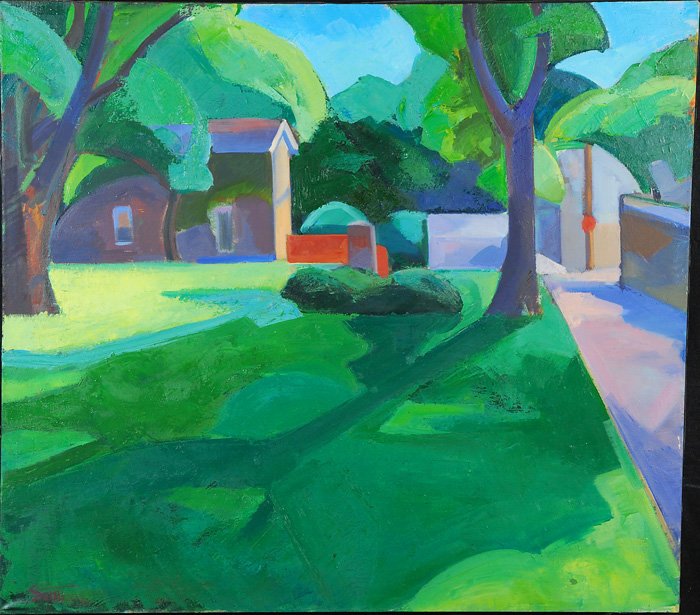 Michael Scott: Oil on canvas, impressionistic style farm scene. Nice clean lines and vibrant colors. Signed LL. 48 x 54
