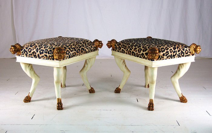 In the Manner of TH Robsjohn Gibbings: Pair of benches with Robsjohn-Gibbings influence (Saridis of Athens, United Kingdom/Greece). Interesting legs. 25.25 x 20 x 19.25