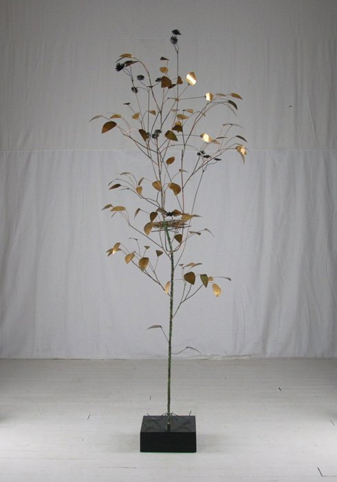 Curtis Jere: Sculptured Bronze tree, with birds, leaves and bird's nest on black base. Signed and dated. 69H x 31W 25D