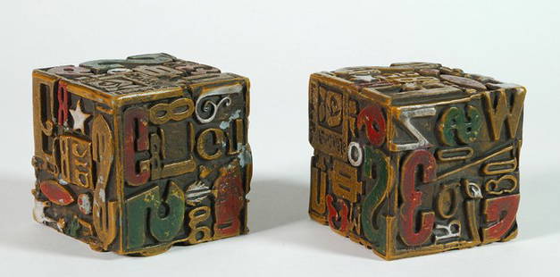 Sheldon Rose: Pair of Bronze bookends with embossed letter and numbers. Signed to one corner. Rare bronze form. 4W x 4D x 4H