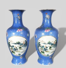 Pair of Chinese Blue‑Ground Porcelain Vases with Landscape Panels, 18th/19th Century