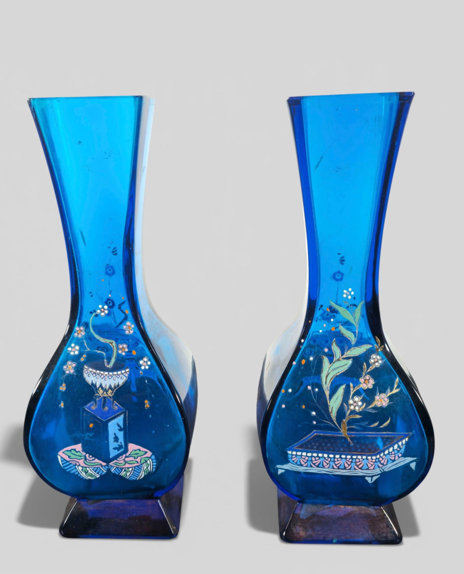 Pair of Beijing Blue Glass Vases with Enamel‑Painted Floral Decorations (1 of 17)