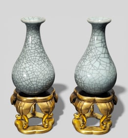 Pair of Cabinet‑Size Chinese Crackle‑Glazed Pear‑Shaped Vases with Gilt‑Lacq