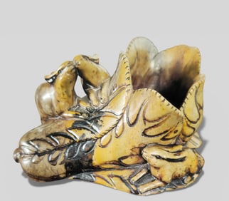 Chinese Stone‑Carved Scholar’s Ink Well, Cabbage and Rabbits Motif