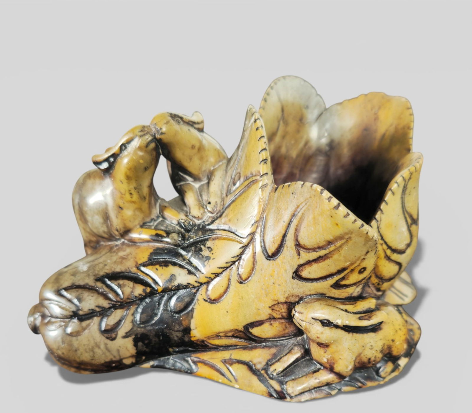 Chinese Stone‑Carved Scholar’s Ink Well, Cabbage and Rabbits Motif (1 of 7)