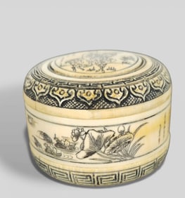 Chinese Carved Black Ink Three‑Piece Box with Scholar and Deer