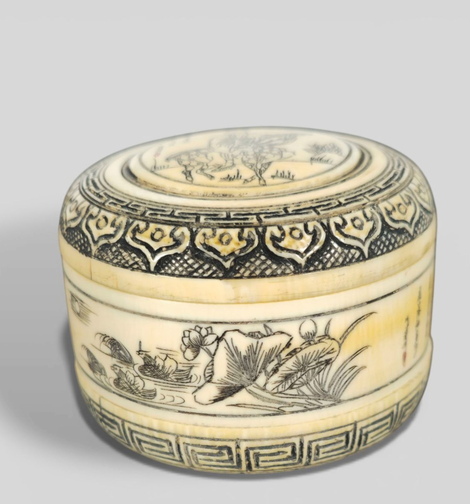 Chinese Carved Black Ink Three‑Piece Box with Scholar and Deer: Chinese Carved Black Ink Three‑Piece Box with Scholar and Deer. A Chinese carved black ink three‑piece box, the cover depicting a scholar riding a spotted deer beneath pine, with additiona