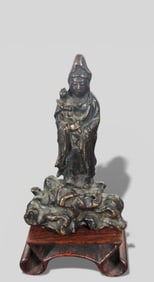 Chinese Bronze Guanyin Water Dropper on Rosewood Stand