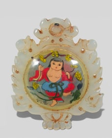 Chinese Carved White Jade Pendant with Reverse Paintings