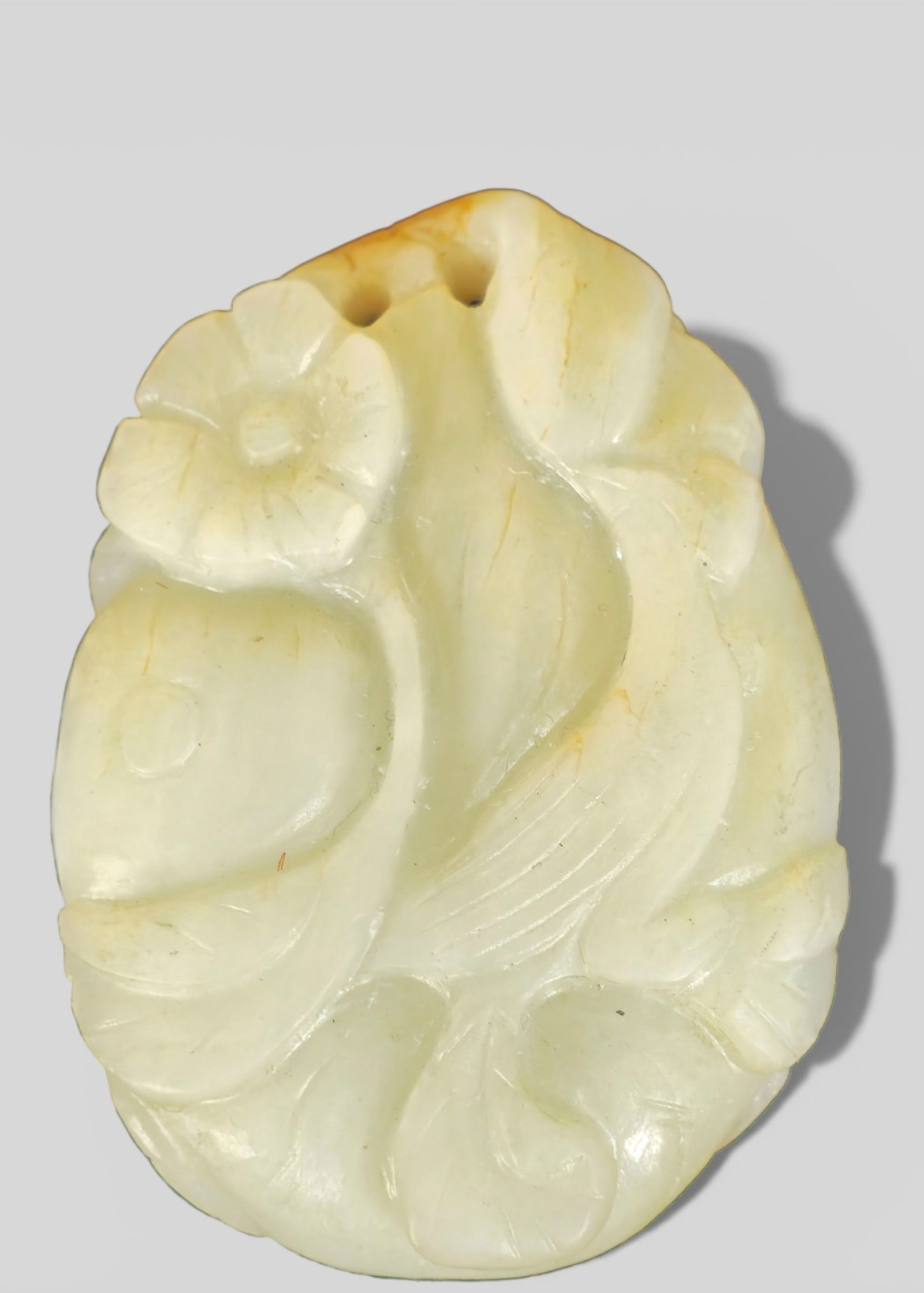 Chinese White Jade Carved Pendant with Phoenix and Floral Motifs (1 of 7)